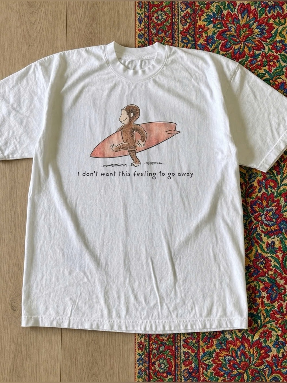 Gildan White Graphic Tee with Brown Monkey and Orange Surfboard
